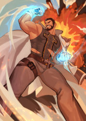 Rule 34 | abs, absurdres, armpits, baimeme, bandages, beard, biceps, black eyes, black hair, blue fire, cape, clenched hands, cross, dungeon and fighter, explosion, facial hair, fang, fighting, fighting stance, fire, gloves, glowing, glowing fist, highres, leather, leather belt, leg belt, looking to the side, male priest (dungeon and fighter), manly, mature male, monk (dungeon and fighter), muscular, muscular male, pants, pectorals, priest (dungeon and fighter), shirt, sleeveless, smirk, thick arms, thick eyebrows, thick thighs, thighs, tight clothes