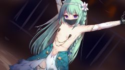 Rule 34 | 1girl, arms up, blue eyes, chika (princess connect!), cuts, flower, flower on head, gag, green hair, hair ornament, highres, injury, long hair, nipple clamps, nipples, princess connect!, princess connect!, restrained, ryona, solo, torn clothes, torture, try robin x