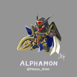 Rule 34 | alphamon, alphamon ouryuken, armor, axe, cape, digimon, digimon (creature), full body, highres, simple background, solo, sword, weapon