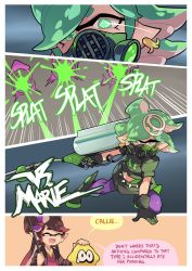 Rule 34 | + +, 3girls, callie (splatoon), collar, commentary, cousins, earrings, english text, food, food on head, gas mask, gloves, gomipomi, green eyes, green hair, highres, holding, holding umbrella, inkling, japanese clothes, jewelry, kimono, layered clothes, layered kimono, long hair, long sleeves, marie (splatoon), mask, midriff, mole, mole under eye, multiple girls, nintendo, obi, object on head, oil-paper umbrella, open mouth, pointy ears, role reversal, sash, short hair, spiked collar, spikes, splatoon (series), splatoon 2, squid, squidbeak splatoon, standing, sushi, tentacle hair, umbrella