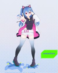 Rule 34 | 1girl, animal ears, belt, blue hair, boots, chiaki katsumi, commission, fake animal ears, hair ornament, hairclip, highres, hood, hoodie, jacket, looking at viewer, open mouth, pants, pink eyes, pixellink, shoes, simple background, thighhighs, thighs, virtual youtuber
