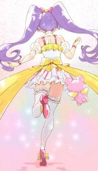 Rule 34 | 1girl, bare shoulders, bow, dress, facing away, frilled dress, frilled thighhighs, frills, from behind, full body, hair bow, high heels, highres, idol clothes, kuma (pripara), leg up, long hair, manaka laala, multicolored clothes, multicolored dress, pink bow, pink footwear, pretty series, pripara, purple hair, running, shoe soles, sleeveless, sleeveless dress, thighhighs, twintails, very long hair, white background, white thighhighs, yellow bow, zouni (zoni pict)