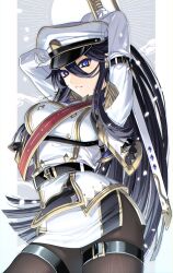 Rule 34 | 1girl, arms behind head, belt, black hair, black pantyhose, blue eyes, breasts, gloves, hair between eyes, hat, highres, holding, holding sword, holding weapon, long hair, looking at viewer, medium breasts, military hat, military uniform, mole, mole under eye, original, pantyhose, parted lips, sheath, sheathed, solo, sword, tatsuma daisuke, uniform, weapon, white gloves