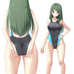 Rule 34 | 1girl, absurdres, adjusting clothes, adjusting swimsuit, ass, blue eyes, blush, breasts, closed mouth, competition swimsuit, green hair, highleg, highres, kazama touko, large breasts, long hair, looking at viewer, multiple views, muv-luv, muv-luv alternative, ncontrail (mgax7527), one-piece swimsuit, sideboob, sidelocks, simple background, solo, standing, swimsuit, thighs, white background