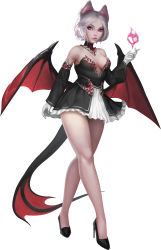 Rule 34 | 1girl, absurdres, animal ears, bare legs, bare shoulders, bat (animal), bat ears, bat girl, bat wings, black footwear, closed mouth, detached sleeves, fantasy, gloves, heart, high heels, highres, olesyaspitz, original, pink eyes, short hair, simple background, slit pupils, solo, tail, vampire, white background, white gloves, white hair, wings
