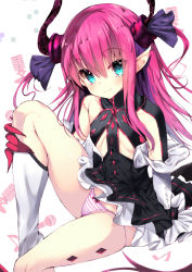 Rule 34 | 10s, 1girl, aqua eyes, bad id, bad pixiv id, black dress, blue ribbon, boots, bow, bow panties, breasts, claws, closed mouth, dress, elizabeth bathory (fate), elizabeth bathory (fate/extra ccc), elizabeth bathory (first ascension) (fate), fate/extra, fate/extra ccc, fate (series), hair ribbon, horns, long hair, looking at viewer, noto kurumi, panties, pink hair, pink panties, pointy ears, red bow, ribbon, sidelocks, simple background, sitting, small breasts, smile, solo, striped clothes, striped panties, tail, underwear, white background, white footwear