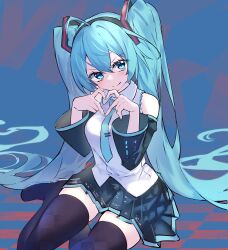 Rule 34 | 1girl, absurdres, bare shoulders, black hairband, blue eyes, blue hair, blue nails, blue necktie, blush, boots, breasts, character name, collared shirt, detached sleeves, diving penguin, from above, full body, grey shirt, hair between eyes, hairband, hands up, hatsune miku, head tilt, heart, heart hands, highres, long hair, looking at viewer, looking up, medium breasts, miniskirt, nail polish, necktie, pleated skirt, shirt, sitting, skindentation, skirt, small breasts, smile, solo, thigh boots, thighs, twintails, very long hair, vocaloid, wide sleeves