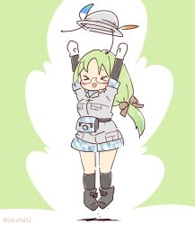 Rule 34 | 1girl, arms up, bag, coroha, full body, glasses, gloves, green background, green hair, hat, hat feather, jumping, kemono friends, kemono friends 3, long hair, looking at viewer, mirai (kemono friends), ribbon, shirt, shoes, shorts, simple background, socks, solo