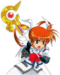 Rule 34 | &gt;:d, 00s, 1girl, :d, bow, bowtie, cowboy shot, eyebrows, fingerless gloves, gloves, grey eyes, hair ribbon, holding, holding weapon, lyrical nanoha, magazine (weapon), magical girl, mahou shoujo lyrical nanoha, mahou shoujo lyrical nanoha a&#039;s, open mouth, polearm, purple eyes, raising heart, red hair, ribbon, rod, sandgarden, simple background, smile, solo, staff, takamachi nanoha, twintails, v-shaped eyebrows, weapon, white background, white devil