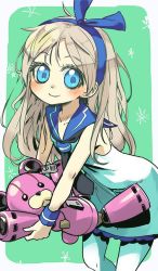 Rule 34 | 1girl, blue eyes, blush, character request, closed mouth, dress, full body, grey hair, hair ribbon, long hair, looking at viewer, md monaka, medarot, necktie, pantyhose, ribbon, skirt, smile, solo, stuffed animal, stuffed toy, teddy bear, white background
