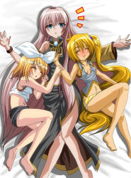 Rule 34 | 3girls, akita neru, bad anatomy, bad feet, barefoot, bed, child, closed eyes, dr. cryptoso, feet, kagamine rin, long hair, lying, megurine luka, midriff, multiple girls, on back, on side, panties, poorly drawn, sleeping, soles, striped clothes, striped panties, underwear, very long hair, vocaloid