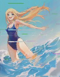 Rule 34 | 1girl, absurdres, bare arms, bare legs, bare shoulders, blonde hair, blue eyes, blue one-piece swimsuit, breasts, cleavage, competition swimsuit, day, floating hair, glitch, highres, ink18705, kofune ushio, long hair, one-piece swimsuit, open mouth, outdoors, school swimsuit, smile, solo, standing, summertime render, swimsuit, v, very long hair, wading, water