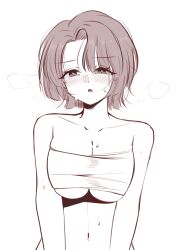 Rule 34 | 1girl, blush, breasts, character request, chest sarashi, cleavage, collarbone, gakuen idolmaster, idolmaster, large breasts, looking at viewer, monochrome, navel, nwaru, sarashi, simple background, solo, steam, stomach, sweat, upper body, white background
