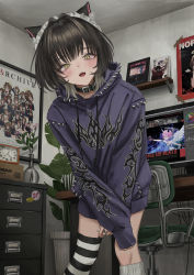Rule 34 | 1girl, absurdres, animal ear fluff, animal ears, asymmetrical legwear, black nails, blush, brown hair, cat ears, clock, commentary, desk, drawer, english commentary, gishiki (gshk), highres, hood, hood down, hoodie, indoors, jewelry, leaning forward, long sleeves, looking at viewer, maid headdress, mismatched legwear, monitor, multicolored hair, nail polish, open mouth, original, plant, poster (object), potted plant, purple hoodie, ring, short hair, silver hair, sleeves past wrists, solo, streaked hair, striped clothes, striped thighhighs, teeth, thighhighs, upper teeth only, yellow eyes