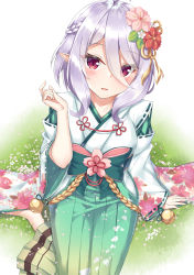 Rule 34 | 1girl, barefoot, bell, blush, braid, breasts, commentary request, female focus, flower, gradient background, grass, green hakama, hair between eyes, hair flower, hair ornament, hakama, hakama skirt, hand up, highres, japanese clothes, jingle bell, kimono, kokkoro (new year) (princess connect!), kokkoro (princess connect!), long sleeves, looking at viewer, miko, on grass, outdoors, parted lips, petals, pink flower, plant, pointy ears, princess connect!, red eyes, red flower, ribbon-trimmed sleeves, ribbon trim, rong yi tan, silver hair, sitting, skirt, sleeves past wrists, small breasts, smile, solo, white background, white flower, white kimono, wide sleeves