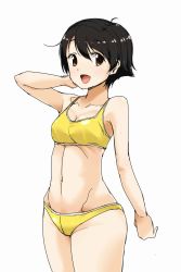 Rule 34 | 1girl, :d, arm behind head, arm up, bikini, blush, breasts, brown eyes, brown hair, cleavage, commentary, cowboy shot, girls und panzer, groin, highres, looking at viewer, nakajima (girls und panzer), nana (manaita koumuten), navel, open mouth, short hair, simple background, small breasts, smile, solo, standing, swimsuit, white background