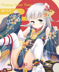 Rule 34 | 10s, 1girl, 2017, alternate costume, aqua eyes, aqua hair, arrow (projectile), bare shoulders, blush, color1087, detached sleeves, floral print, flower, furisode, hair flower, hair ornament, hamaya, happy new year, hibiki (kancolle), highres, japanese clothes, kantai collection, kimono, light smile, long hair, looking at viewer, new year, obi, sash, sleeveless, sleeveless kimono, solo, spread legs, thighhighs, white thighhighs, wide sleeves
