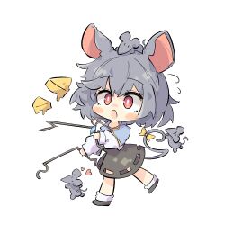 Rule 34 | 1girl, animal ears, blush, bow, brown dress, brown eyes, brown footwear, cheese, chibi, crossed bangs, dress, flying sweatdrops, food, full body, grey hair, heart, jewelry, long sleeves, looking at viewer, mouse (animal), mouse ears, mouse girl, mouse tail, nazrin, necklace, open mouth, primsla, puffy long sleeves, puffy sleeves, shoes, short hair, sidelocks, simple background, socks, solo, split mouth, standing, standing on one leg, tail, tail bow, tail ornament, touhou, white background, white sleeves, white socks, yellow bow