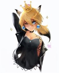 Rule 34 | 1girl, arm behind head, black hair, blonde hair, blue eyes, blush, bowsette, collar, fang, fang out, horns, jacket, leather, leather jacket, mario (series), multicolored hair, new super mario bros. u deluxe, nintendo, nose blush, off shoulder, one eye closed, open clothes, open jacket, ponytail, ross tran, signature, solo, sparkle, spiked collar, spikes, super crown, tattoo, two-tone hair, upper body