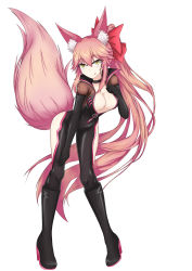Rule 34 | 1girl, absurdres, animal ear fluff, animal ears, black bodysuit, bodysuit, boots, bow, breasts, choker, cleavage, collarbone, fate/grand order, fate (series), fox ears, fox tail, full body, glasses, hair bow, high heel boots, high heels, highres, knee boots, koyanskaya (fate), large breasts, leaning forward, licking lips, long hair, looking at viewer, nepsuka (hachisuka), pink hair, pink ribbon, ribbon, side ponytail, simple background, smile, solo, tail, tamamo (fate), tongue, tongue out, very long hair, white background, yellow eyes
