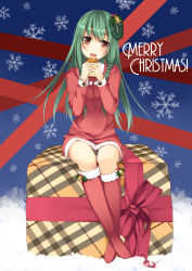 Rule 34 | 1girl, bell, blush, boots, box, braid, dress, eating, food, gift, gift box, green hair, hair ornament, head tilt, knee boots, long hair, long sleeves, looking at viewer, merry christmas, on box, open mouth, original, red dress, red eyes, red skirt, santa boots, santa costume, single braid, sitting, sitting on box, skirt, solo, unasaka ryou, wreath