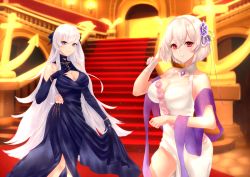 Rule 34 | 2girls, anchor, azur lane, bad id, bad pixiv id, bare shoulders, belfast (azur lane), belfast (the noble attendant) (azur lane), blush, breasts, cleavage, cleavage cutout, clothes lift, clothing cutout, collarbone, dress, dress lift, elbow gloves, flower, gloves, hair between eyes, large breasts, long dress, long hair, looking at viewer, multiple girls, neconel, official alternate costume, pink flower, pink rose, purple dress, purple eyes, purple gloves, purple shawl, red eyes, rose, shawl, short hair, silver hair, sirius (azur lane), sirius (white rose) (azur lane), sleeveless, sleeveless dress, smile, stairs, very long hair, white dress