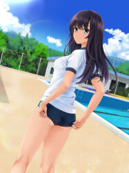 Rule 34 | 1girl, adjusting buruma, adjusting clothes, ass, black hair, blue buruma, blue sky, breasts, building, buruma, closed mouth, cloud, commentary request, day, empty pool, fence, from behind, grey eyes, gym shirt, gym uniform, highres, long hair, looking at viewer, looking back, nonaka ritsu, original, outdoors, panties, pink panties, pool, pool ladder, shirt, short sleeves, sky, small breasts, solo, underwear, white shirt