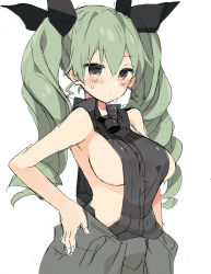 Rule 34 | 10s, 1girl, adapted uniform, anchovy (girls und panzer), anzio military uniform, bad id, bad pixiv id, black necktie, black ribbon, black shirt, blush, breasts, brown eyes, closed mouth, clothes around waist, clothing cutout, dress shirt, drill hair, girls und panzer, green hair, grey pants, hair ribbon, hands on own hips, jacket, jacket around waist, long hair, looking at viewer, medium breasts, military, military uniform, necktie, pants, ribbon, shirt, short necktie, side cutout, sideboob, simple background, sketch, sleeveless, sleeveless shirt, solo, standing, sweat, twin drills, twintails, uniform, upper body, white background