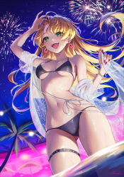 Rule 34 | 1girl, absurdres, bangle, belt, bikini, black bikini, blonde hair, blush, bracelet, breasts, cowboy shot, dutch angle, earrings, fireworks, floating hair, green eyes, hand on own head, heartki, highres, holding, holding clothes, holding shirt, jewelry, laughing, long hair, medium breasts, nail polish, navel, open clothes, open mouth, open shirt, original, outdoors, palm tree, parted bangs, partially submerged, pool, red nails, see-through, see-through shirt, shirt, short sleeves, sidelocks, solo, stomach, swimsuit, teeth, thigh belt, thigh strap, thighs, tree, upper teeth only, wading