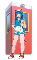 Rule 34 | 1girl, animal ears, bell, blue hair, choker, doraemon, doraemon (character), go robots, hand in pocket, highres, holding, hood, hoodie, no pants, open mouth, simple background, sleeveless, sleeveless hoodie, solo, tail, wristband, yellow eyes