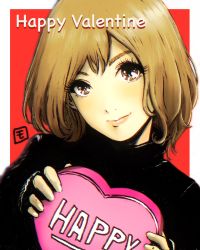 Rule 34 | 1girl, absurdres, black sweater, box, brown eyes, brown hair, candy, chocolate, chocolate heart, food, happy valentine, head tilt, heart, highres, holding, holding box, light blush, looking at viewer, medium hair, moyan, original, procreate (medium), sleeves past wrists, smile, solo, sweater, valentine