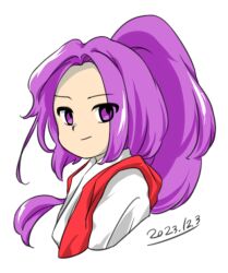 Rule 34 | 1girl, 2023, closed mouth, dated, eyes visible through hair, long hair, meira (touhou), nonamejd, official style, ponytail, purple eyes, purple hair, simple background, smile, solo, touhou, touhou (pc-98), upper body, white background, zun (style)