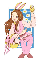 Rule 34 | absurdres, alternate hairstyle, animal ears, apocalipsejack, basket, bow, bowtie, brown hair, commentary, cowboy shot, easter egg, egg, english commentary, fake animal ears, flower, flower request, highres, idolmaster, idolmaster (classic), long sleeves, looking to the side, minase iori, open mouth, pink ribbon, rabbit ears, rabbit tail, red eyes, ribbon, signature, stuffed animal, stuffed rabbit, stuffed toy, tail, teeth, upper teeth only