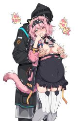 Rule 34 | 1girl, 1other, animal ears, arknights, black skirt, blush, braid, breasts, breasts out, cat ears, cat tail, coat, covered navel, doctor (arknights), garter straps, goldenglow (arknights), grabbing, grabbing another&#039;s breast, grabbing from behind, hairband, heart, heart-shaped pupils, highres, hood, hooded coat, infection monitor (arknights), kataokasan, lactation, large breasts, medium breasts, nipple stimulation, nipple tweak, nipples, one eye closed, pink coat, pink hair, pregnant, skirt, spoken heart, symbol-shaped pupils, tail, tears, thighhighs, trembling, white background