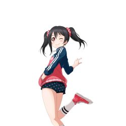 Rule 34 | 10s, 1girl, ;), black hair, hair between eyes, high tops, jacket, kneehighs, love live!, love live! school idol festival, love live! school idol project, m/, official art, one eye closed, red eyes, scrunchie, shoes, short shorts, shorts, smile, sneakers, socks, solo, star (symbol), star print, track jacket, transparent background, twintails, white socks, yazawa nico