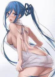 Rule 34 | 10s, 1girl, aoki hagane no arpeggio, ass, backless dress, backless outfit, bare back, blue eyes, blue hair, blush, breasts, butt crack, cowboy shot, dress, halterneck, large breasts, long hair, looking at viewer, looking back, luzi, meme attire, mole, mole under mouth, naked sweater, open mouth, ponytail, ribbed sweater, sideboob, simple background, solo, sweater, sweater dress, takao (aoki hagane no arpeggio), turtleneck, very long hair, virgin killer sweater