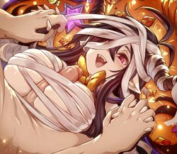Rule 34 | 1boy, 1girl, :d, bandages, bow, bowtie, breasts, danua, fangs, granblue fantasy, handsfree paizuri, heart, hetero, holding hands, horn ornament, horns, large breasts, long hair, merunyaa, mummy costume, open mouth, paizuri, paizuri under clothes, penis, pointy ears, skindentation, smile, star (symbol), straddling paizuri, teeth, uncensored, upper teeth only