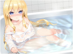Rule 34 | 1girl, bad id, bad pixiv id, bath, bathing, bathtub, blonde hair, blush, breasts, cleavage, clothed bath, covering privates, covering breasts, delores (mvv), highres, long hair, looking at viewer, medium breasts, mvv, naked shirt, no bra, nose blush, original, purple eyes, see-through, shirt, solo, wet, wet clothes
