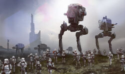 Rule 34 | 6+others, armor, at-at, at-st, binoculars, bipod, blurry, depth of field, edouard groult, galactic empire, helmet, holding, holding binoculars, holding weapon, landscape, mecha, military vehicle, multiple others, photoshop (medium), rain, robot, science fiction, star wars, weapon, white armor
