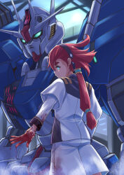 Rule 34 | 1girl, aqua eyes, asticassia school uniform, black hairband, blood, blood on clothes, blood on hands, blue eyes, commentary request, from behind, gundam, gundam aerial rebuild, gundam suisei no majo, hairband, long hair, looking at viewer, low-tied long hair, low ponytail, mecha, mobile suit, nikulas cage, red hair, robot, school uniform, suletta mercury, thick eyebrows, upper body, v-fin