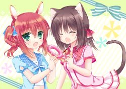 Rule 34 | 2girls, :o, animal ears, blue ribbon, blue shirt, blush, border, breasts, brown hair, cat ears, cat girl, cat tail, closed eyes, collarbone, commentary request, diagonal stripes, doughnut, fang, food, frilled skirt, frilled sleeves, frills, green eyes, hair between eyes, hair ribbon, holding, holding doughnut, holding food, lace, lace border, long hair, looking at another, multiple girls, open mouth, original, ornate border, pink shirt, pink skirt, plaid collar, pon de ring, puffy short sleeves, puffy sleeves, rabbit ears, red hair, red ribbon, ribbon, shikito (yawa0w0), shirt, short sleeves, sidelocks, skirt, small breasts, striped background, striped ribbon, tail, twintails, upper body