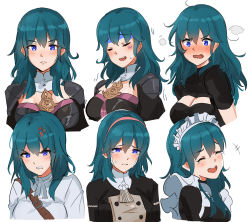Rule 34 | 1girl, alternate costume, anger vein, angry, blue eyes, blue hair, blush, breasts, byleth (female) (fire emblem), byleth (fire emblem), cleavage, cleavage cutout, clothing cutout, crying, embarrassed, enmaided, expressions, fire emblem, fire emblem: three houses, hairband, happy, highres, large breasts, maid, multiple views, nintendo, ormille, sad, simple background, tagme, white background