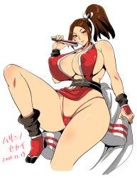 Rule 34 | 1girl, artist name, blush, breasts, brown eyes, brown hair, cleavage, folded fan, dated, covered erect nipples, hand fan, fatal fury, folding fan, high ponytail, highres, huge breasts, long hair, looking at viewer, musashino sekai, ninja, panties, ponytail, puffy nipples, red panties, shiranui mai, simple background, snk, solo, the king of fighters, thick thighs, thighs, underwear, white background, wide hips