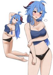 Rule 34 | 1girl, absurdres, ahoge, arm under breasts, arm up, ass, barefoot, black panties, blue camisole, blue hair, blush, bow, bow panties, breasts, butt crack, camisole, cleavage, fav faris, from behind, ganyu (genshin impact), genshin impact, highres, horns, kneeling, long hair, looking at viewer, looking to the side, low ponytail, medium breasts, multiple views, navel, nose blush, open mouth, panties, purple eyes, sidelocks, sigh, solo, standing, thighs, underwear, underwear only