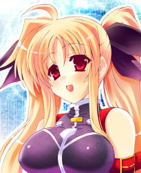 Rule 34 | 00s, 1girl, ahoge, armband, blonde hair, blush, breasts, close-up, fate testarossa, fate testarossa (true sonic form), female focus, hair ribbon, iga tamaki, large breasts, long hair, lyrical nanoha, mahou shoujo lyrical nanoha, mahou shoujo lyrical nanoha strikers, open mouth, red eyes, ribbon, shiny clothes, smile, solo, strap, turtleneck, twintails