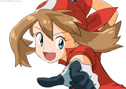 Rule 34 | 1girl, :d, arm up, bandana, brown hair, commentary request, creatures (company), eyelashes, floating hair, game freak, gloves, green eyes, hair between eyes, kibisakura2, looking at viewer, may (pokemon), nintendo, open mouth, pointing, pokemon, pokemon (anime), pokemon rse (anime), red bandana, red shirt, shirt, short sleeves, simple background, smile, solo, tongue, white background