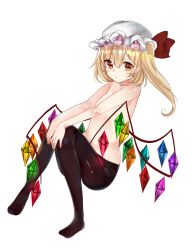 Rule 34 | 1girl, bad id, bad pixiv id, black pantyhose, blonde hair, blush, collarbone, eyelashes, flandre scarlet, frills, full body, hair between eyes, hat, highres, invisible chair, long hair, looking at viewer, mob cap, orange eyes, pantyhose, pointy ears, rerua, shiny skin, side ponytail, simple background, sitting, solo, thighband pantyhose, topless, touhou, white background, wings