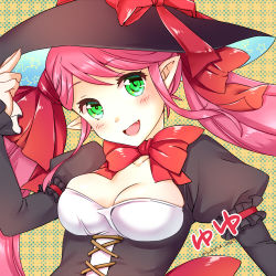 Rule 34 | 1girl, :d, adjusting clothes, adjusting headwear, blush, bow, bowtie, breasts, character name, cleavage, cleavage cutout, clothing cutout, fang, green eyes, hat, long hair, long sleeves, lowres, miniru, open mouth, pink hair, plaid, plaid background, pointy ears, sennen sensou aigis, smile, solo, twintails, upper body, witch hat, yuyu (sennen sensou aigis)