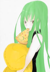Rule 34 | 00s, 1girl, c.c., cheese-kun, code geass, food, green hair, long hair, looking at viewer, mouth hold, pizza, pizza hut, pizza slice, sleeveless, solo, upper body, very long hair, white background, yellow eyes