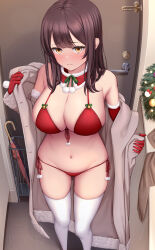 Rule 34 | 1girl, bikini, blush, breasts, brown coat, brown eyes, brown hair, christmas, christmas ornaments, closed mouth, coat, door, doorway, duplicate, elbow gloves, embarrassed, entrance, feet out of frame, foreshortening, gloves, groin, highres, indoors, large breasts, long hair, looking at viewer, melopun, navel, original, pixel-perfect duplicate, red gloves, removing coat, santa bikini, simple background, solo, standing, stomach, swimsuit, thighhighs, tile floor, tiles, umbrella, umbrella stand, white thighhighs, winter clothes, winter coat